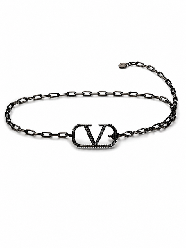 Valentino Garavani VLogo Signature Crystal Chain Belt Black Gunmetal