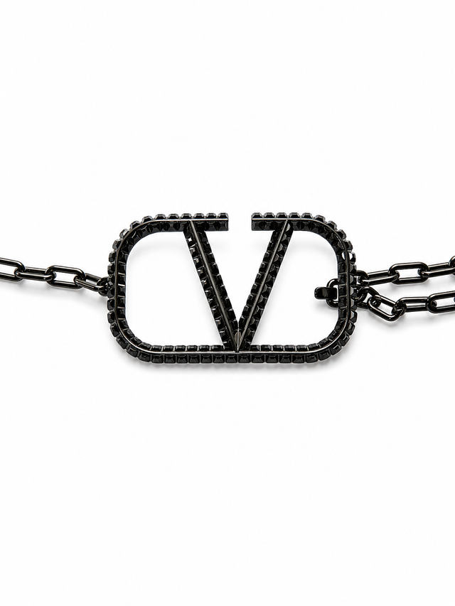Valentino Garavani VLogo Signature Crystal Chain Belt Black Gunmetal