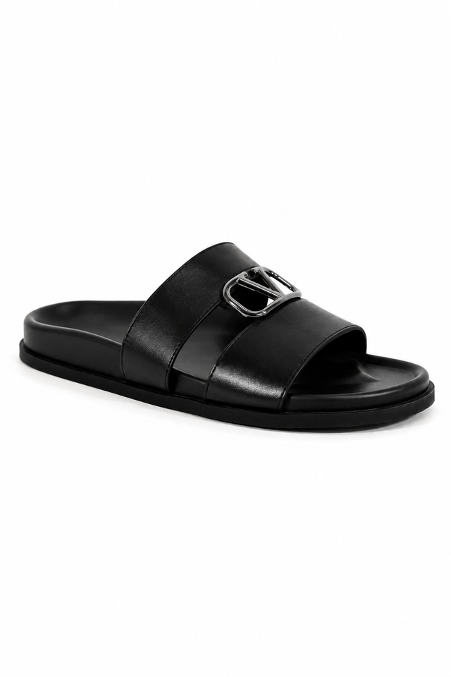Valentino Garavani VLogo Double Strap Leather Slides – Black