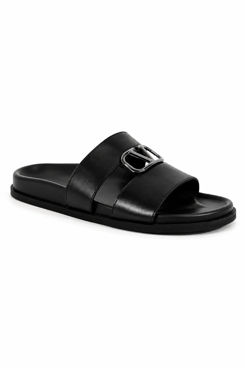 Valentino Garavani VLogo Double Strap Leather Slides – Black