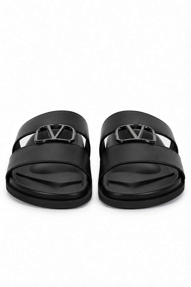 Valentino Garavani VLogo Double Strap Leather Slides – Black