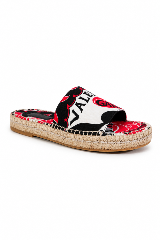 Valentino Garavani Graphic Logo Espadrille Slide Sandals – Red, Black & White