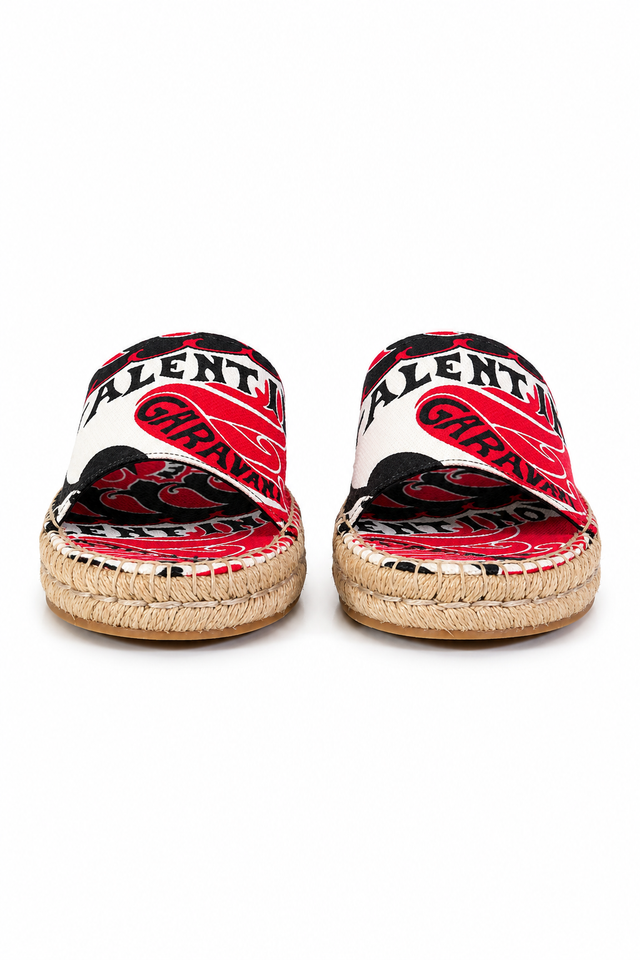 Valentino Garavani Graphic Logo Espadrille Slide Sandals – Red, Black & White