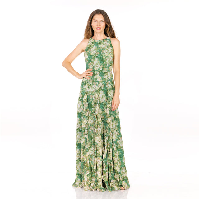 Mikael Aghal Forest Green Sleeveless Floral Maxi Dress