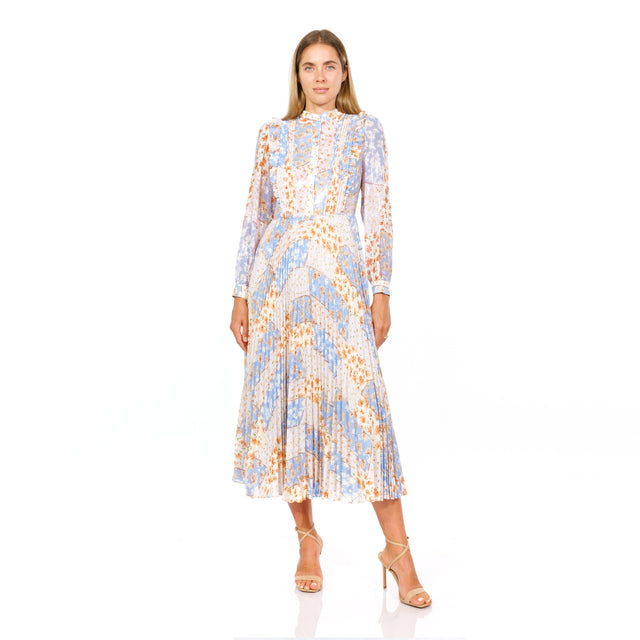 Mikael Aghal Blue & Orange Pleated Floral Midi Dress