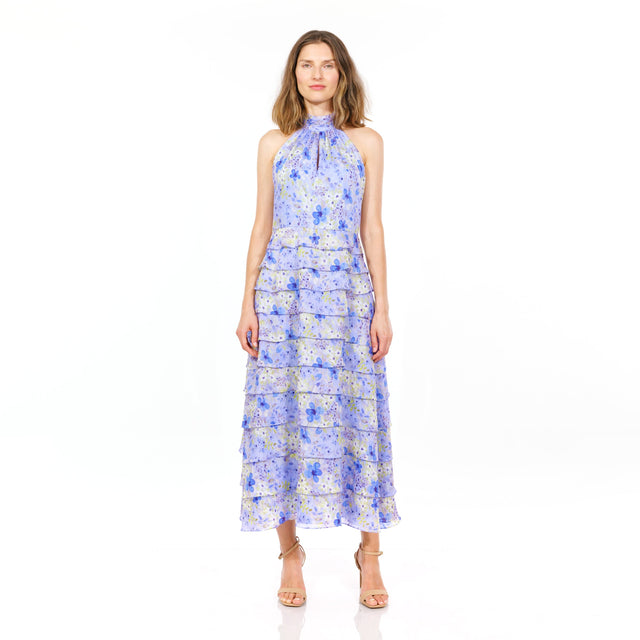 Mikael Aghal Lavender Floral Tiered Halter Neck Midi Dress