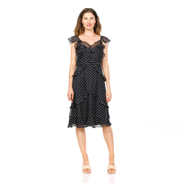 Mikael Aghal Classic Polka-Dot Ruffle Midi Dress with Lace Trim