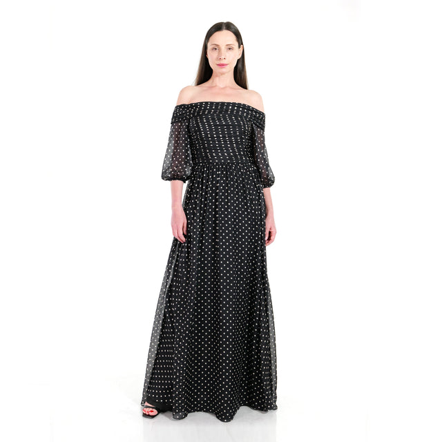 Mikael Aghal Polka Dot Off-Shoulder Gown