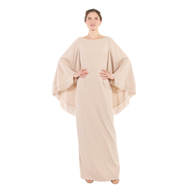 Mikael Aghal Fringe Trim Cape Sleeve Gown