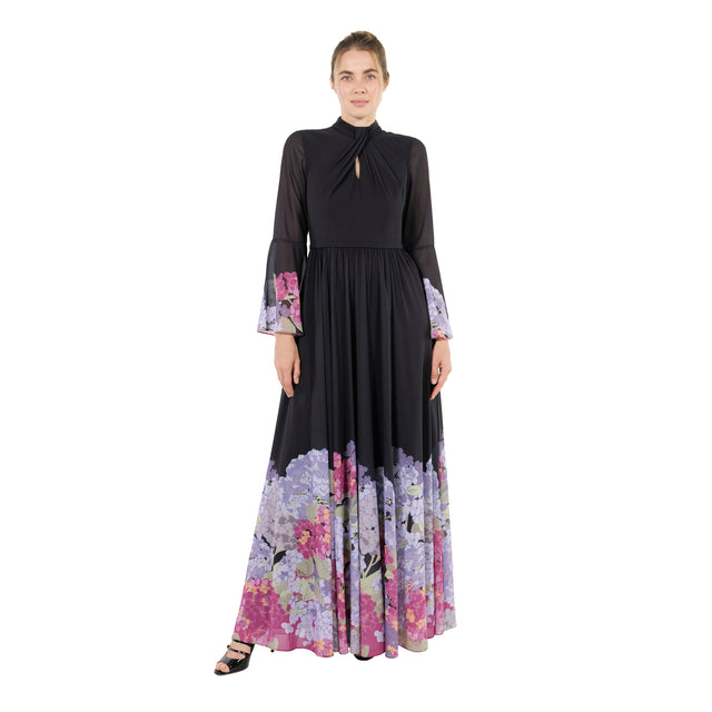 Mikael Aghal Floral Trim High-Neck Maxi Dress