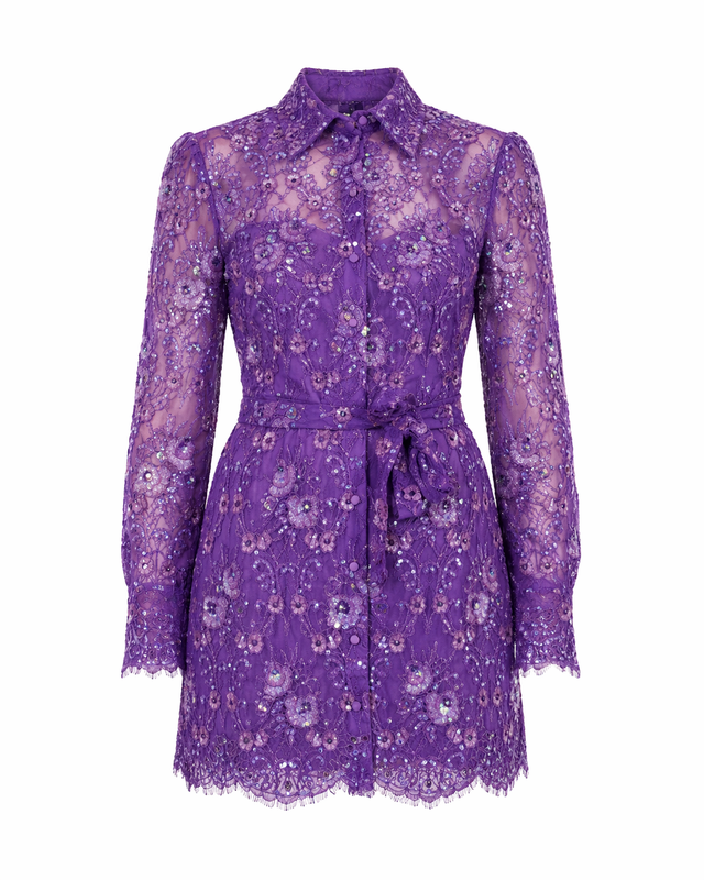 Valentino Embroidered Lace Mini Dress with Belt in Purple
