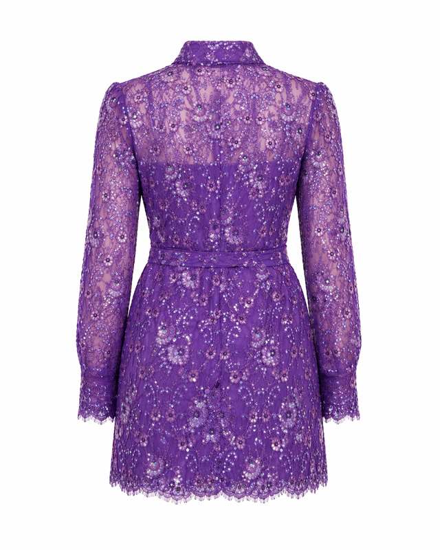 Valentino Embroidered Lace Mini Dress with Belt in Purple
