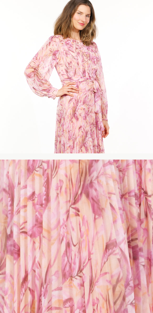 Mikael Aghal Pastel Pink Abstract Print Pleated Midi Dress