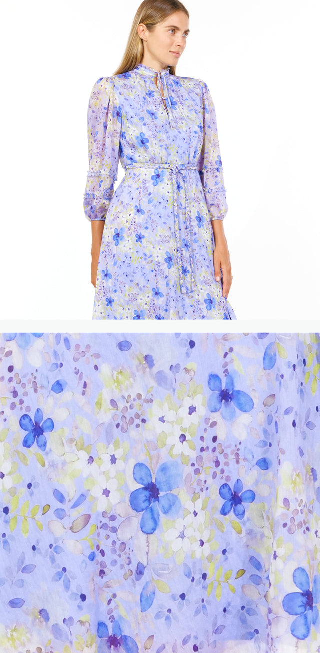 Mikael Aghal Floral Puff-Sleeve Midi Dress