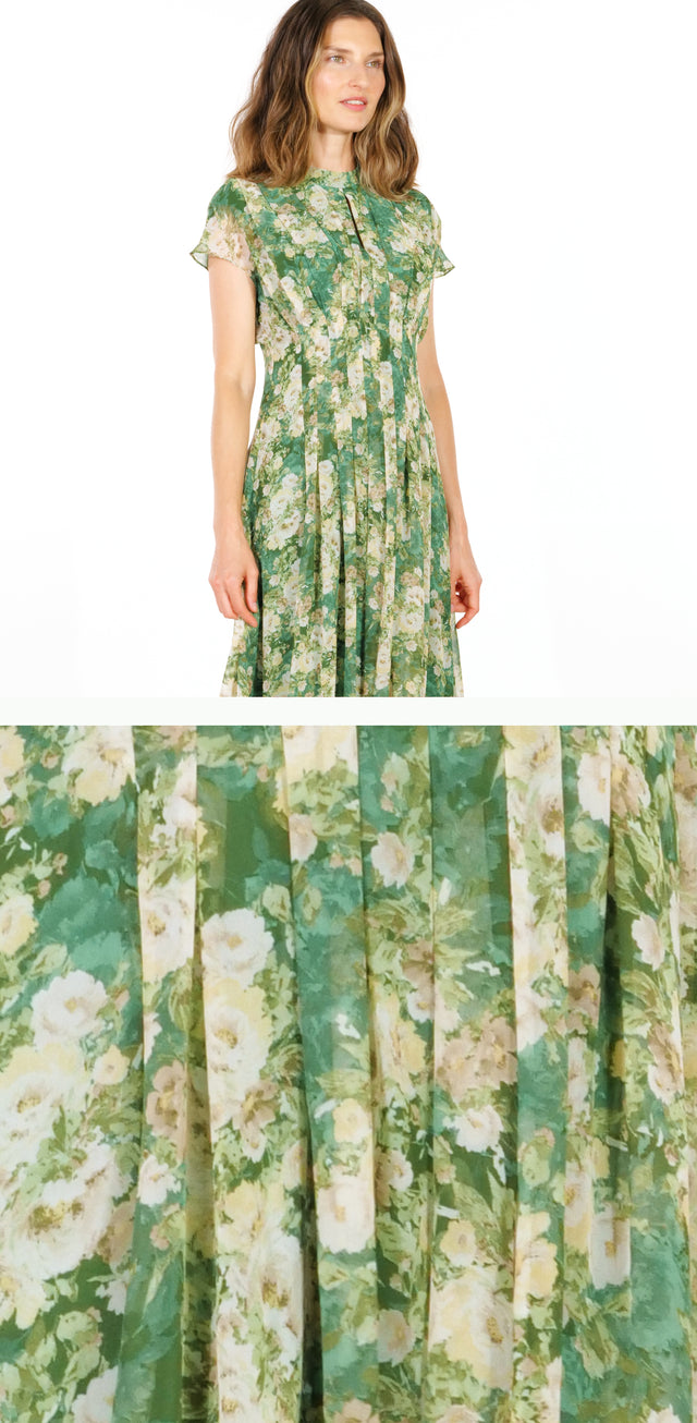 Mikael Aghal Vintage Botanical Flutter Sleeve Midi Dress