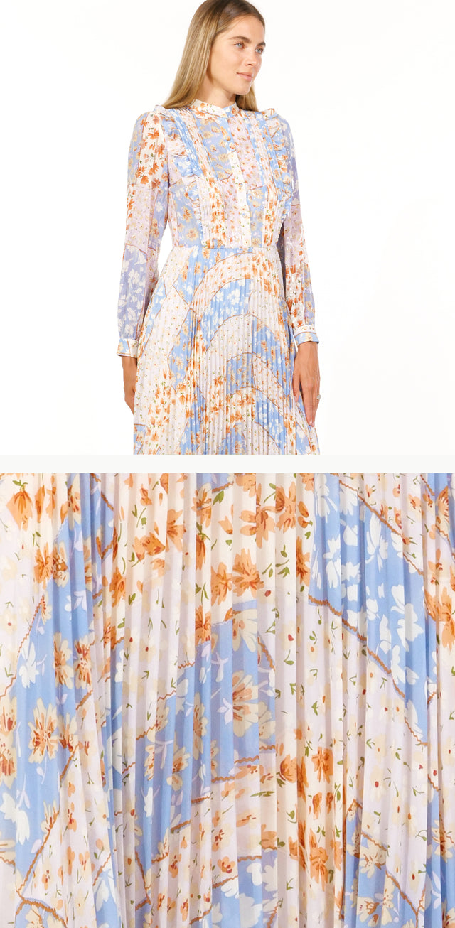 Mikael Aghal Blue & Orange Pleated Floral Midi Dress