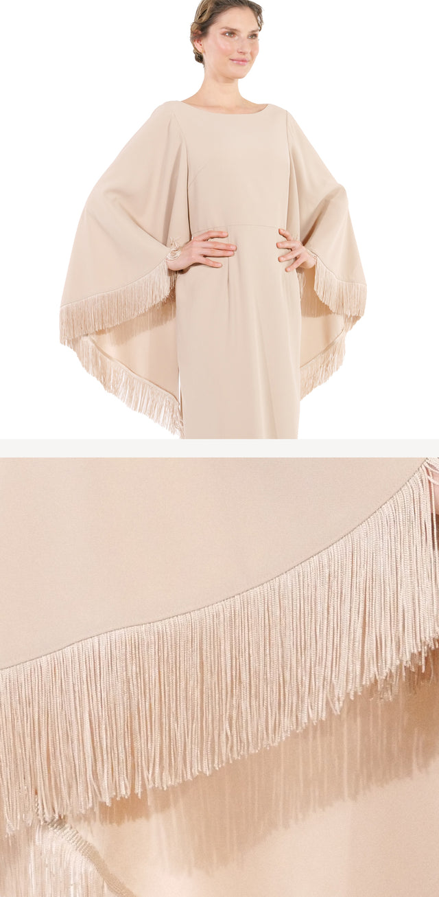 Mikael Aghal Fringe Trim Cape Sleeve Gown