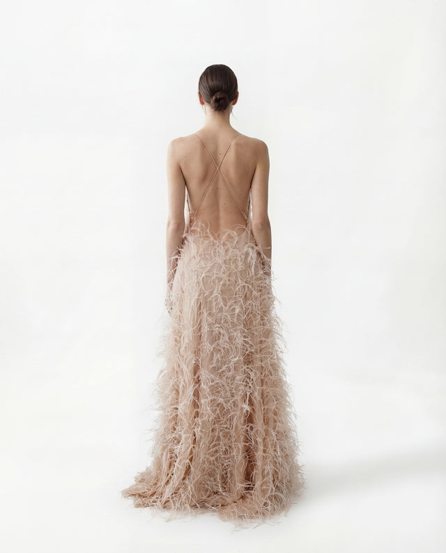 Valentino Champagne Feather-Embellished Couture Gown