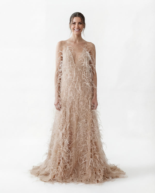 Valentino Champagne Feather-Embellished Couture Gown