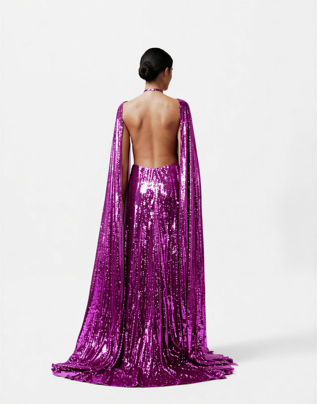 Valentino Purple Sequin Cape-Style Evening Gown