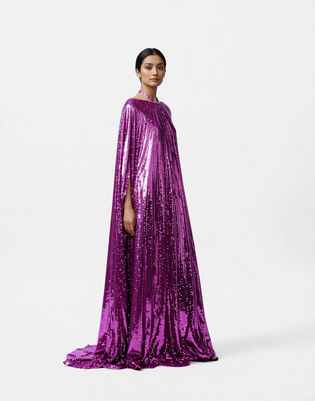 Valentino Purple Sequin Cape-Style Evening Gown