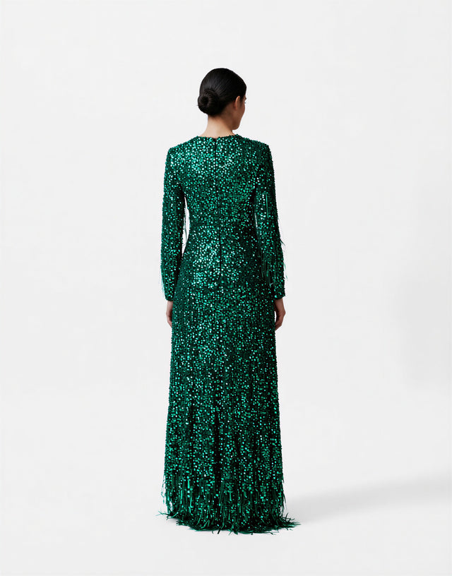 Valentino Emerald Sequin Fringe Long-Sleeve Evening Gown