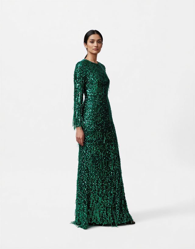 Valentino Emerald Sequin Fringe Long-Sleeve Evening Gown