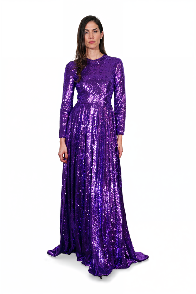 Valentino Long-Sleeve Sequin Gown in Violet