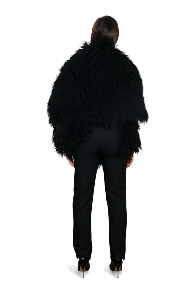 Black Shearling Cape Coat with V-Logo Belt