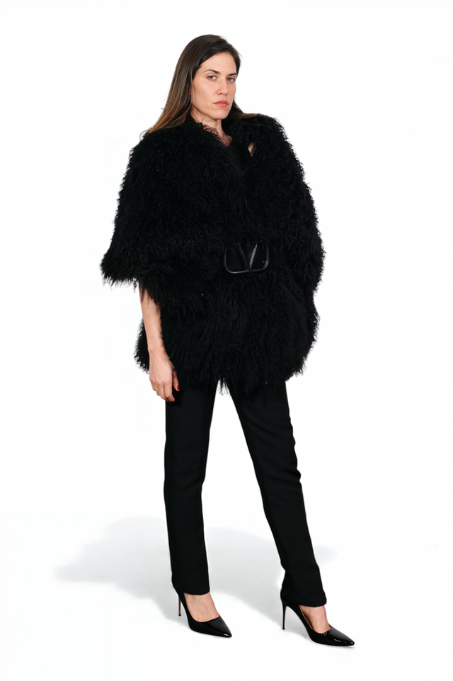 Black Shearling Cape Coat with V-Logo Belt