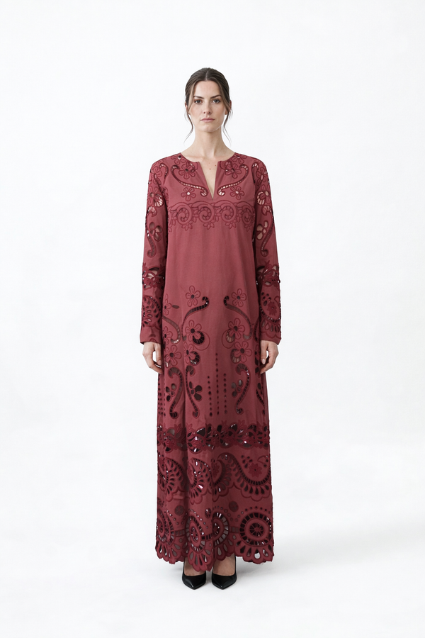 Valentino burgundy laser-cut embroidered maxi dress