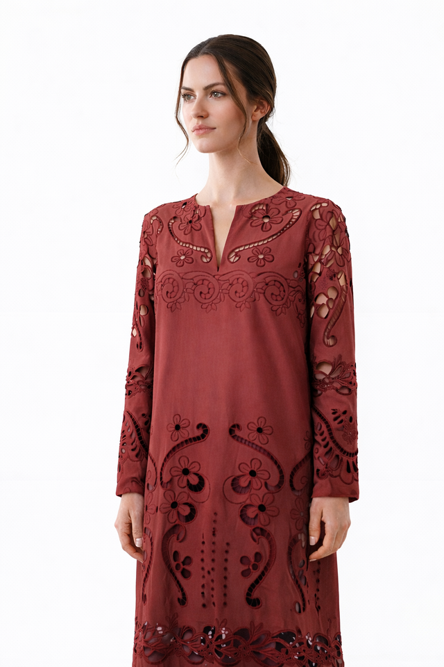 Valentino Burgundy Laser-Cut Embroidered Maxi Dress