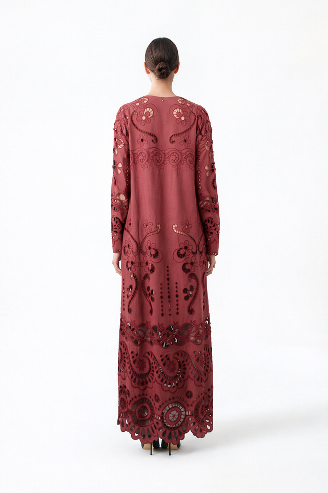 Valentino Burgundy Laser-Cut Embroidered Maxi Dress