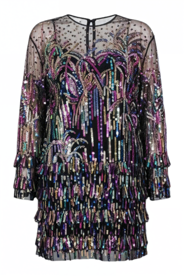 Valentino Sheer Crystal-Embroidered Mini Dress in Black Multi