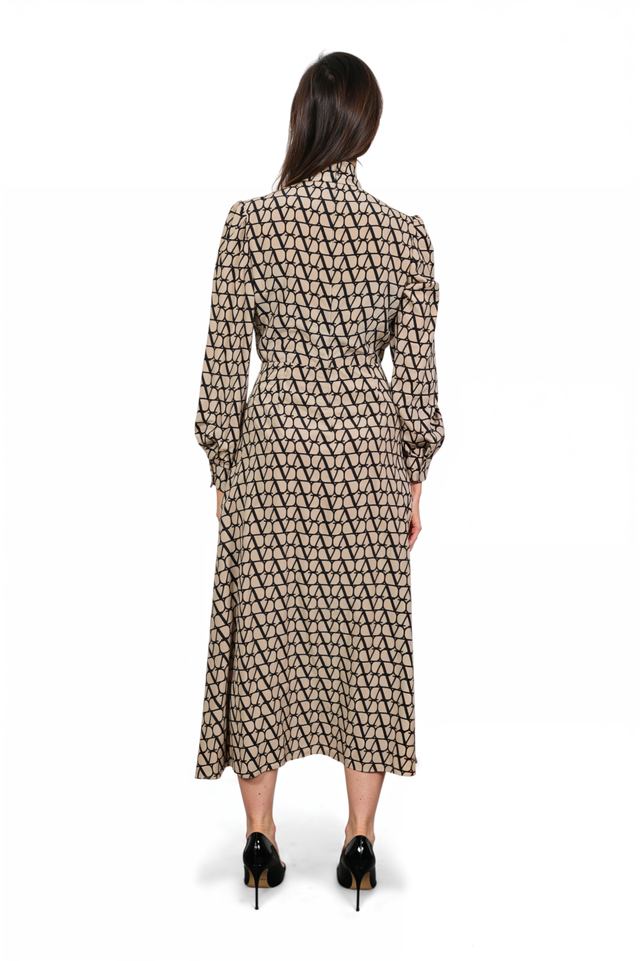 Valentino Geometric Print Tie-Neck Midi Dress