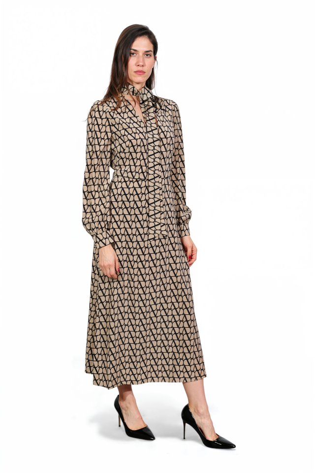 Valentino Geometric Print Tie-Neck Midi Dress