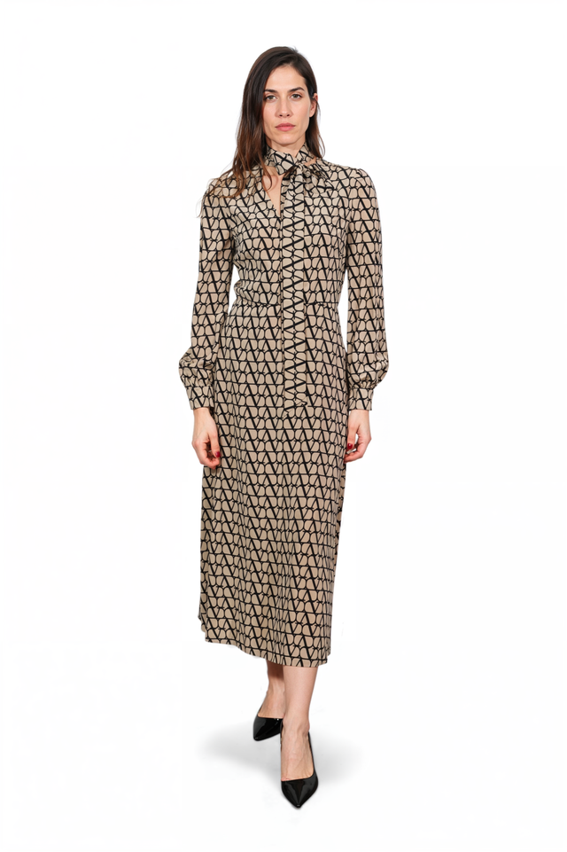 Valentino Geometric Print Tie-Neck Midi Dress