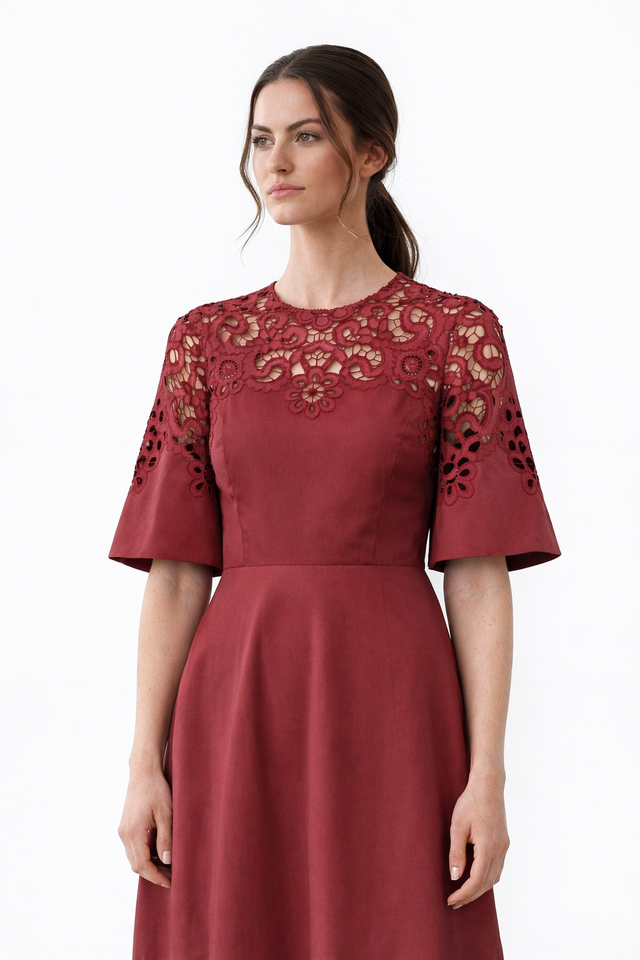 Valentino Red Laser-Cut Floral Midi Dress