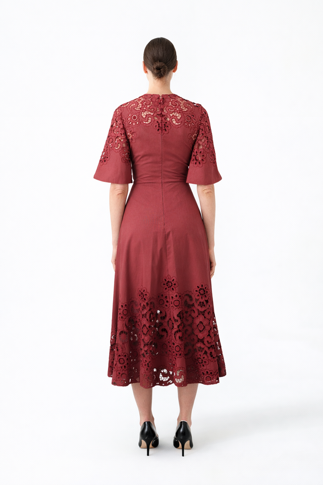 Valentino Red Laser-Cut Floral Midi Dress