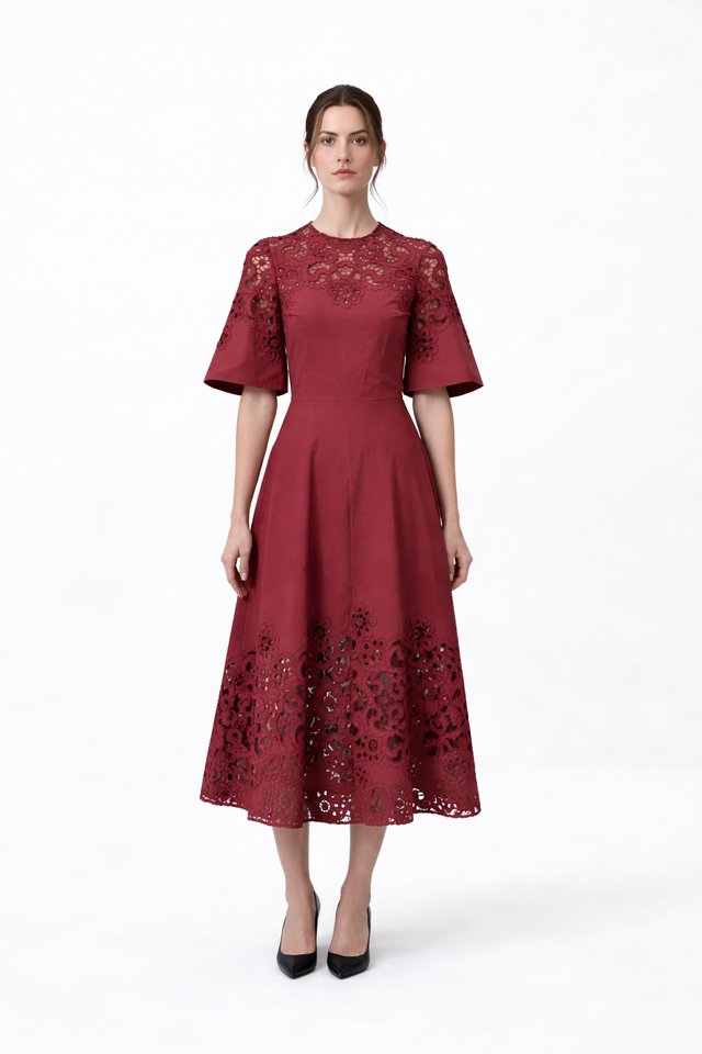 Valentino Red Laser-Cut Floral Midi Dress