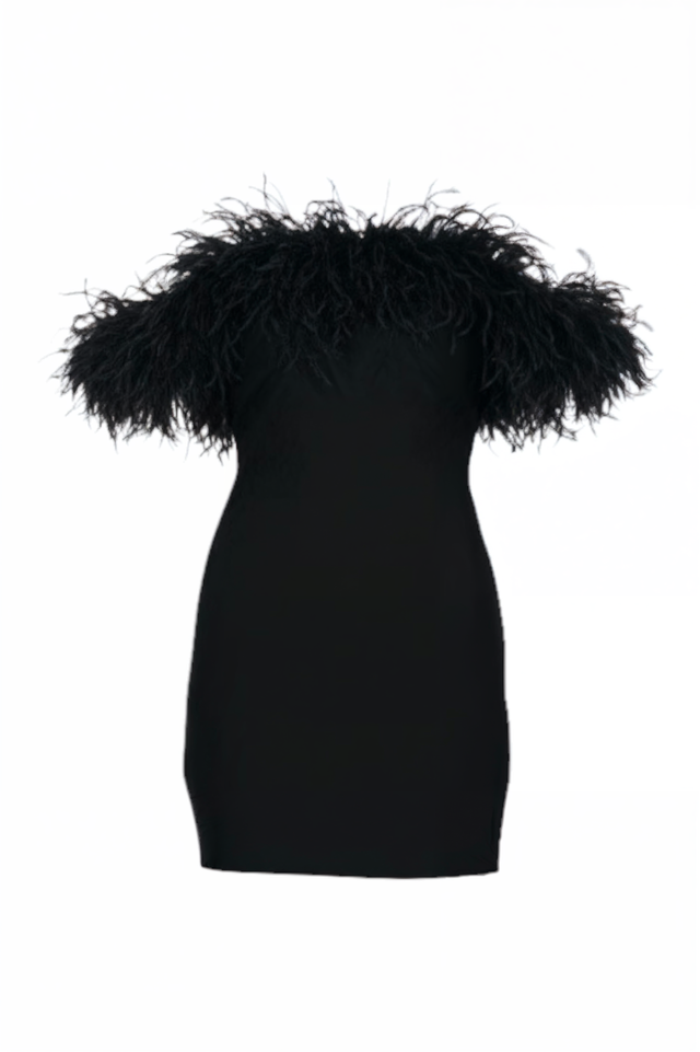 Valentino Off-Shoulder Feather Trim Mini Dress in Black