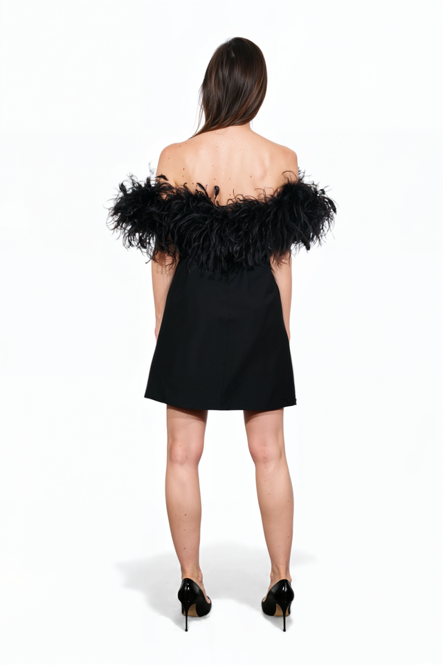 Valentino Off-Shoulder Feather Trim Mini Dress in Black