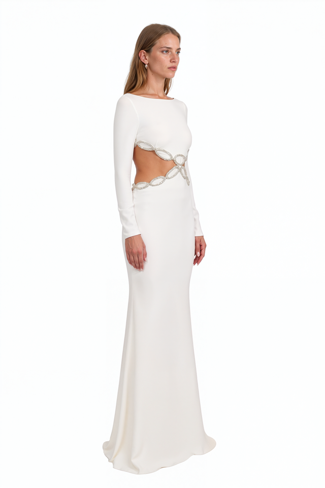 Valentino white crepe column gown with crystal chain-link waist cutouts and long sleeves
