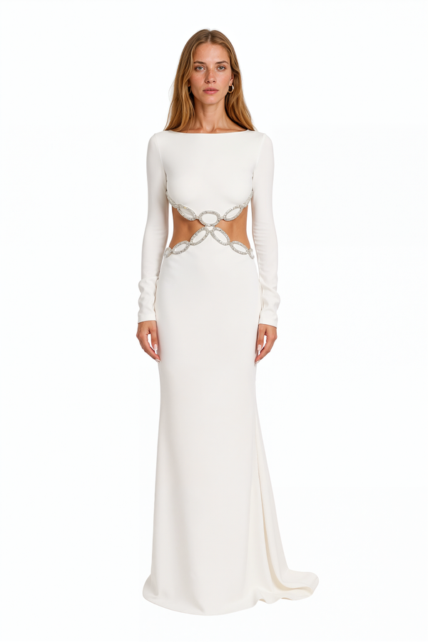 Valentino white crepe column gown with crystal chain-link waist cutouts and long sleeves