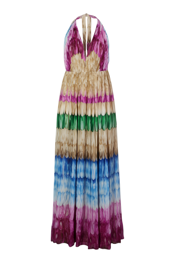Valentino multicolor feather print silk chiffon halter gown