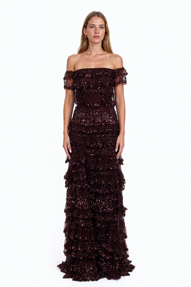 Valentino deep plum sequined off-the-shoulder tiered evening gown
