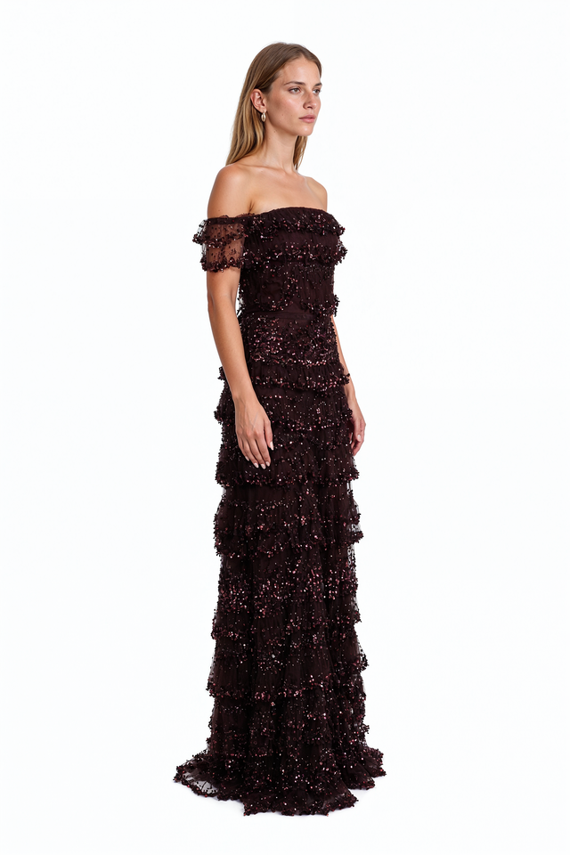Valentino deep plum sequined off-the-shoulder tiered evening gown