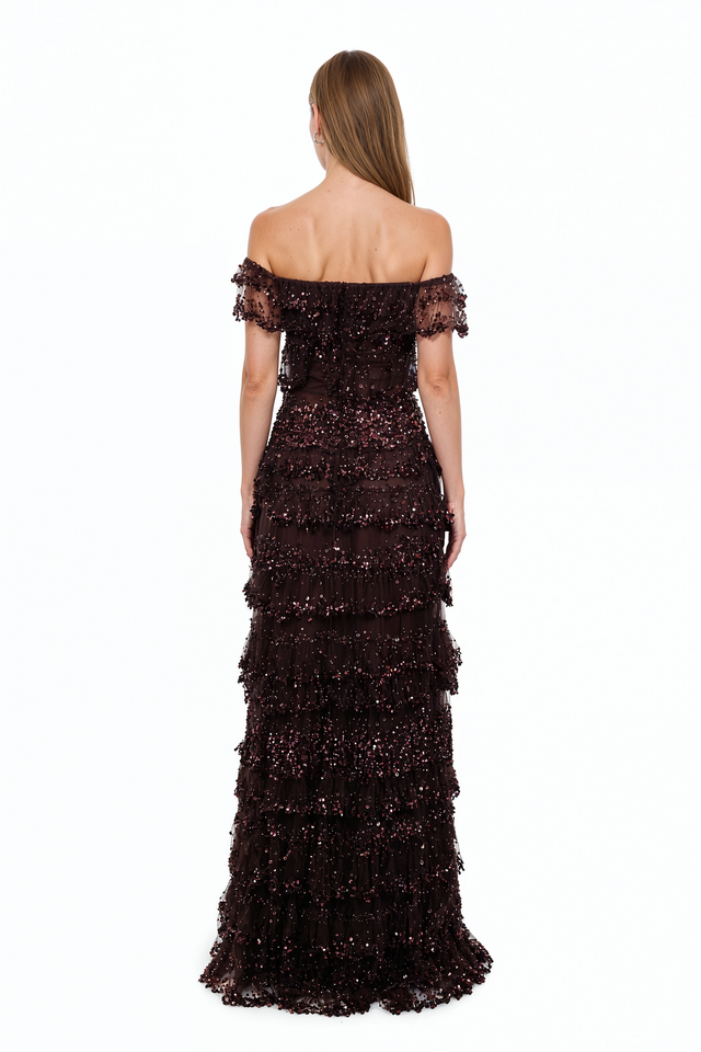 Valentino deep plum sequined off-the-shoulder tiered evening gown