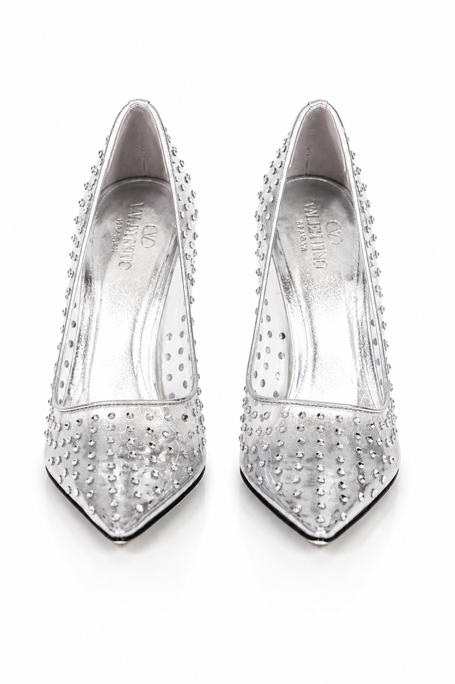 Valentino Garavani Crystal-Embellished PVC Pumps in Silver