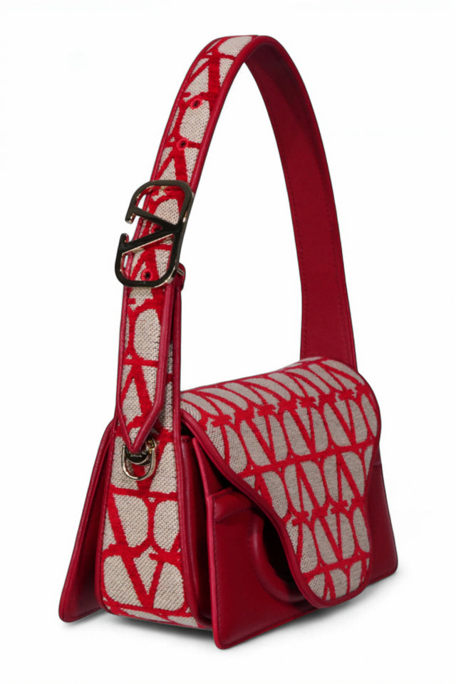 Valentino Garavani VLogo Canvas and Leather Shoulder Bag in Red
